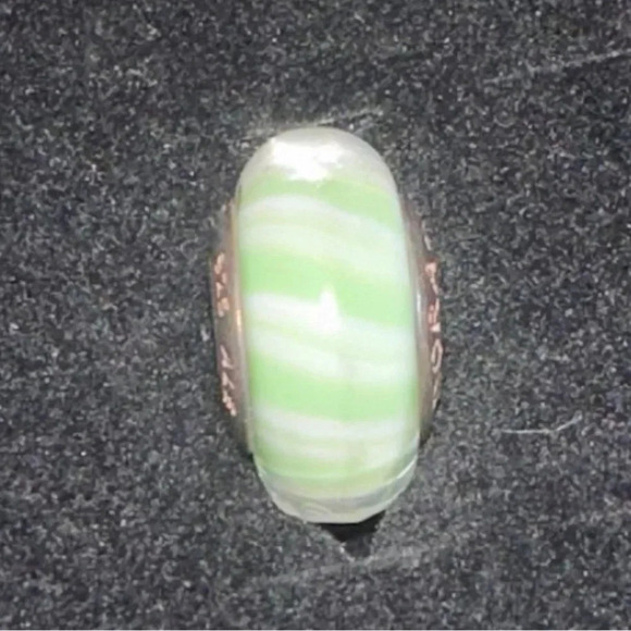 Retired Authentic Pandora Green Candy Striper Murano Glass Bead Charm - Picture 2 of 6